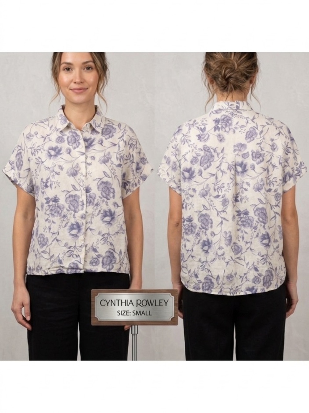 Cynthia Rowley Floral Linen Cuffed Sleeves Button Up Shirt Small